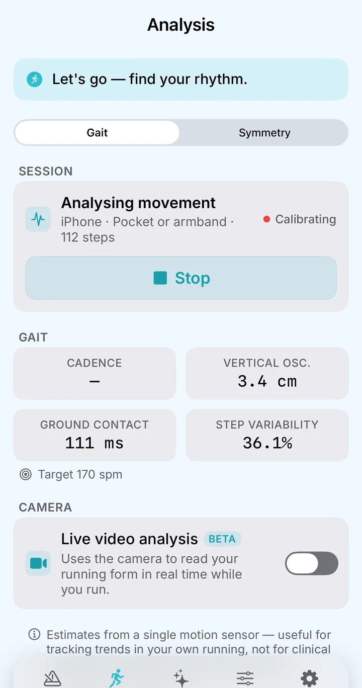Motion analysis showing ground contact 111 ms and vertical oscillation 3.4 cm