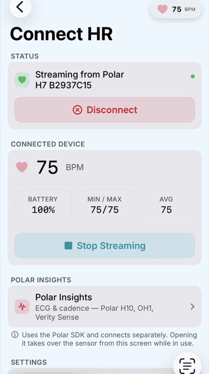 Connect HR screen streaming 75 bpm from a Bluetooth chest strap