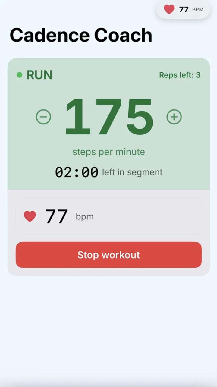 Interval run at 175 steps per minute with two minutes left in the segment