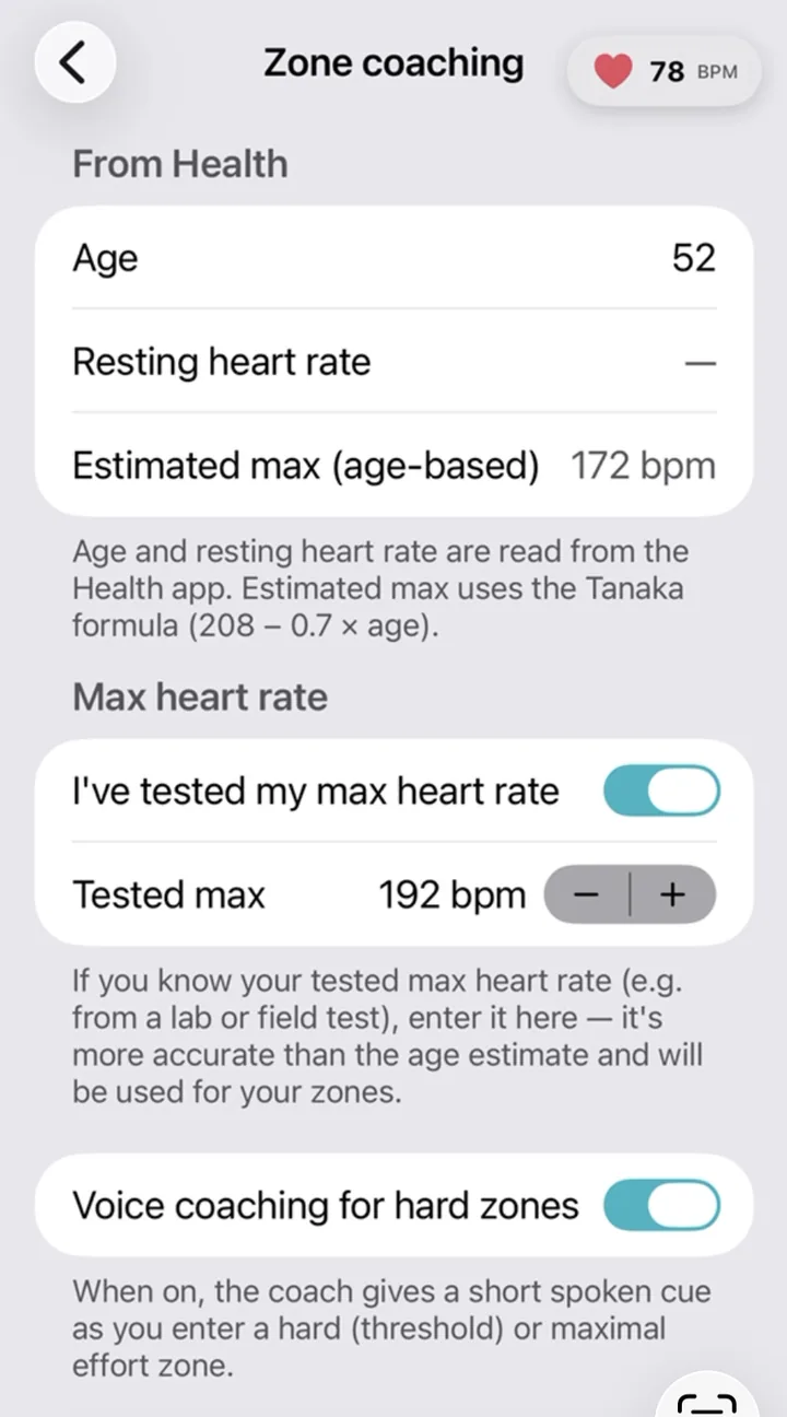 Heart rate zone coaching settings